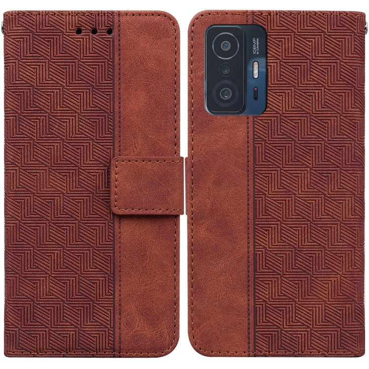 Geometric embossed leather phone case, brown folio with magnetic strap and camera cutouts