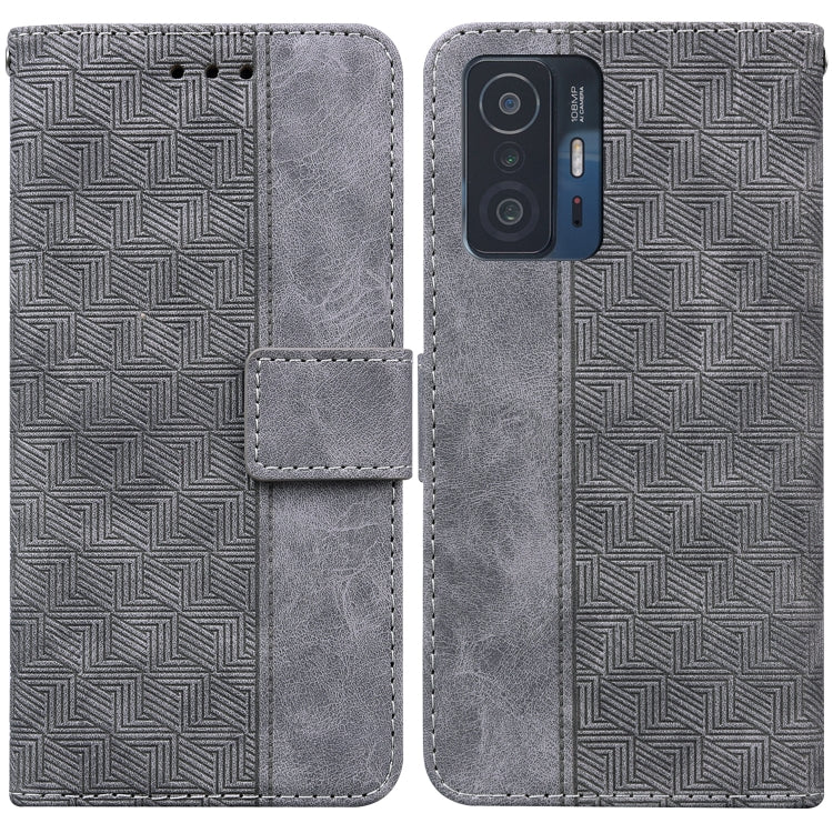 Geometric embossed leather phone case, gray folio with magnetic strap and camera cutout