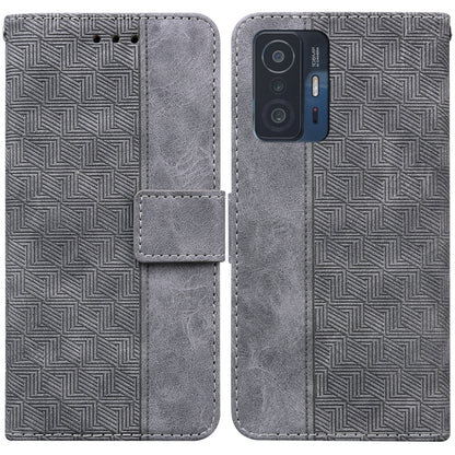 Geometric embossed leather phone case, gray folio with magnetic strap and camera cutout