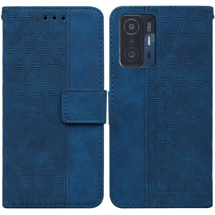 Geometric embossed leather phone case, blue folio with magnetic strap and camera cutout