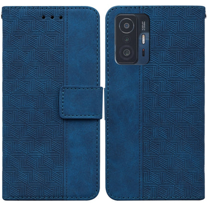 Geometric embossed leather phone case, blue folio with magnetic strap and camera cutout