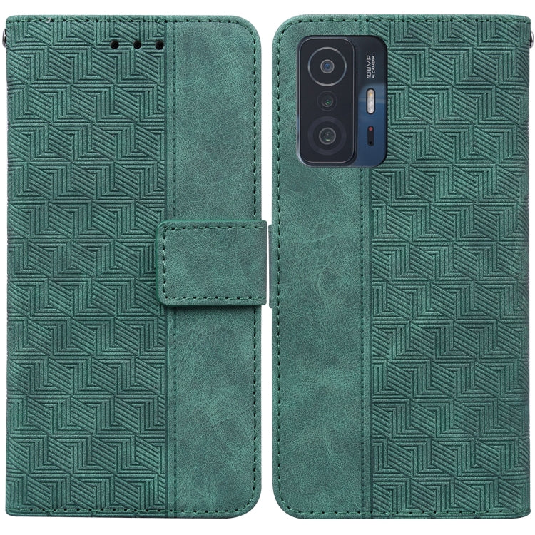 Geometric embossed leather phone case, green folio with magnetic strap and camera cutout