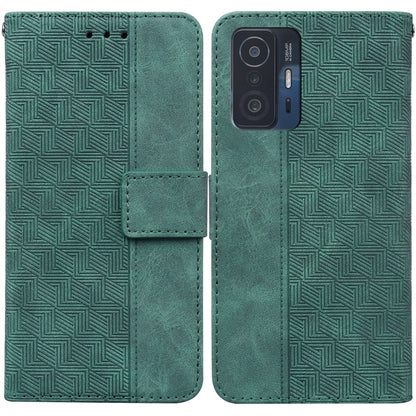 Geometric embossed leather phone case, green folio with magnetic strap and camera cutout