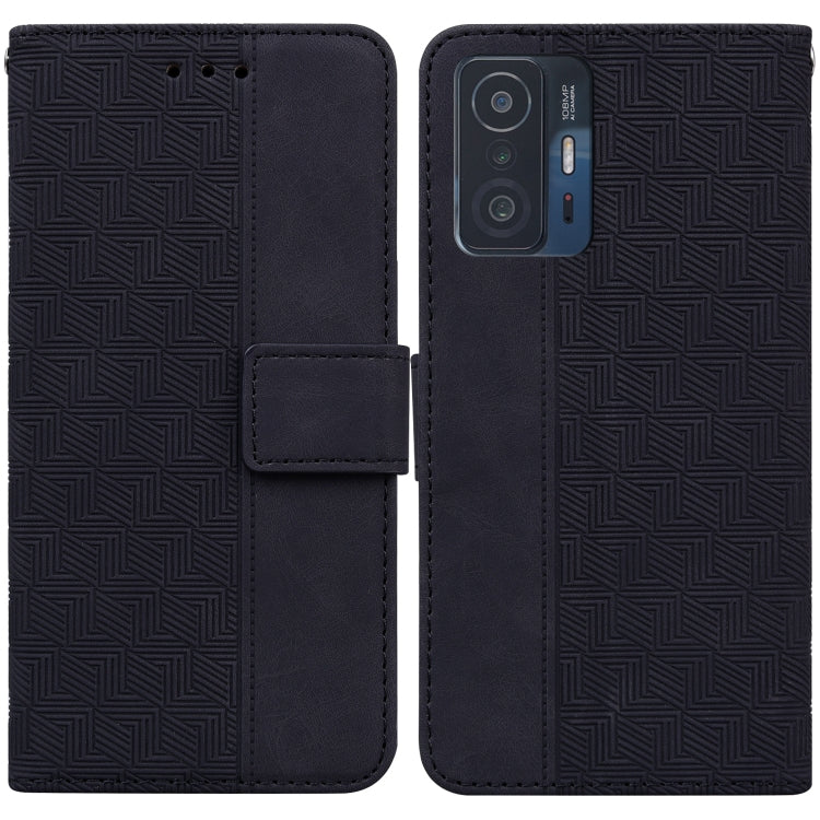 Geometric embossed leather phone case, dark navy front and back with magnetic strap