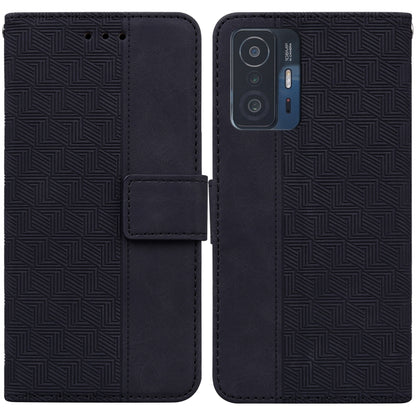 Geometric embossed leather phone case, dark navy front and back with magnetic strap