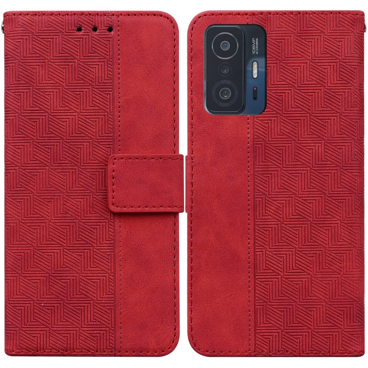 Geometric embossed leather phone case, red front and back with magnetic strap