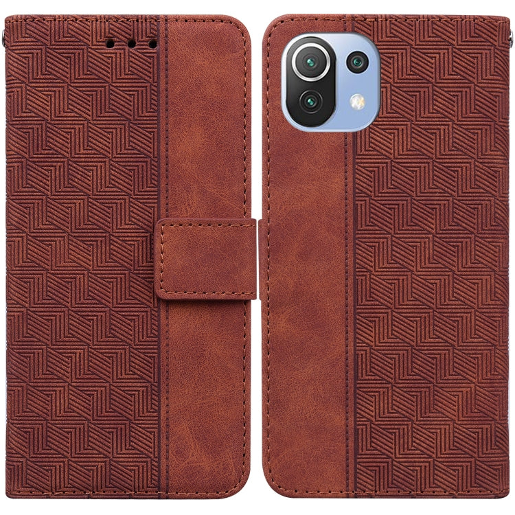 Geometric embossed leather phone case, brown front and back with magnetic strap