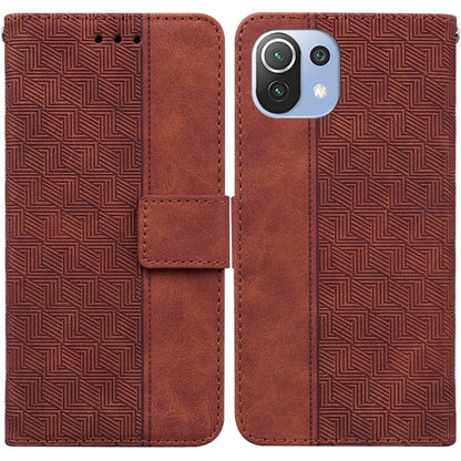 Geometric embossed leather phone case, brown front and back with magnetic strap