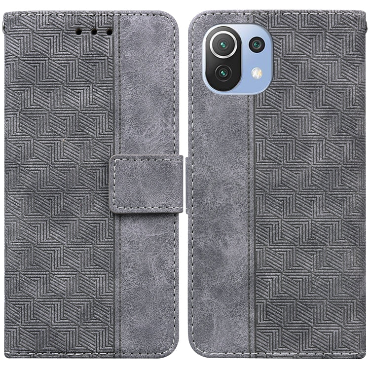 Geometric embossed leather phone case, gray front and back with magnetic strap