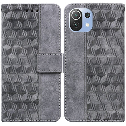 Geometric embossed leather phone case, gray front and back with magnetic strap