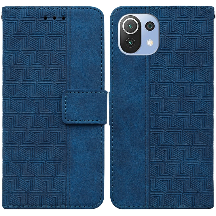 Geometric embossed leather phone case with magnetic folio, blue