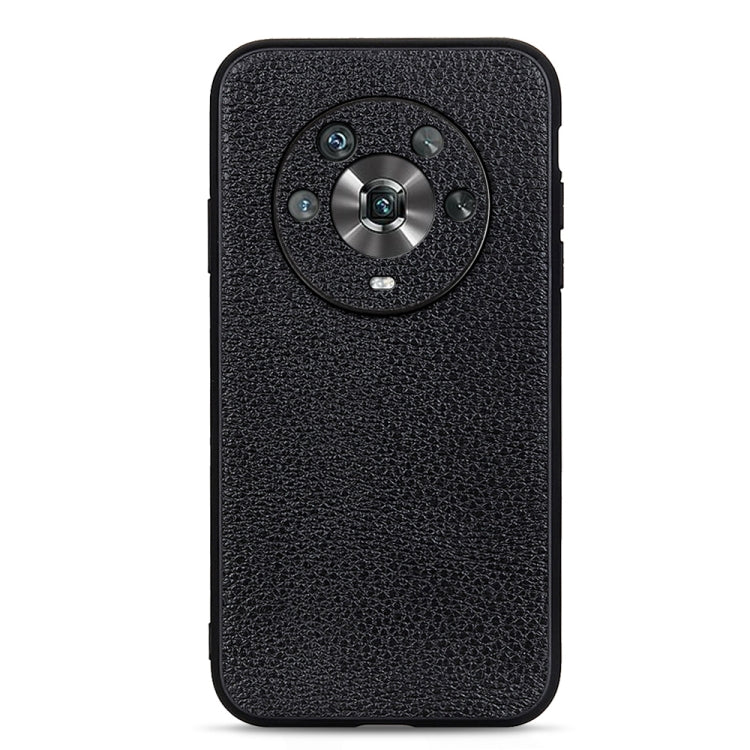 Black genuine leather phone case with textured finish and circular camera cutout.