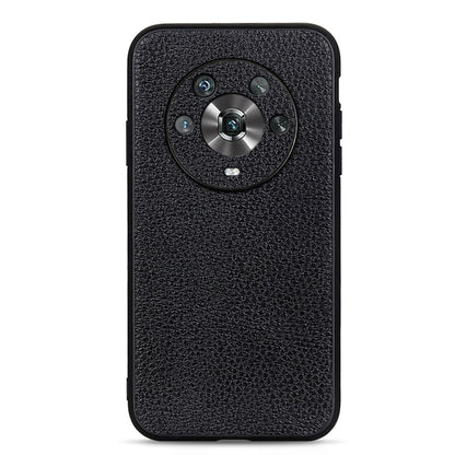 Black genuine leather phone case with textured finish and circular camera cutout.