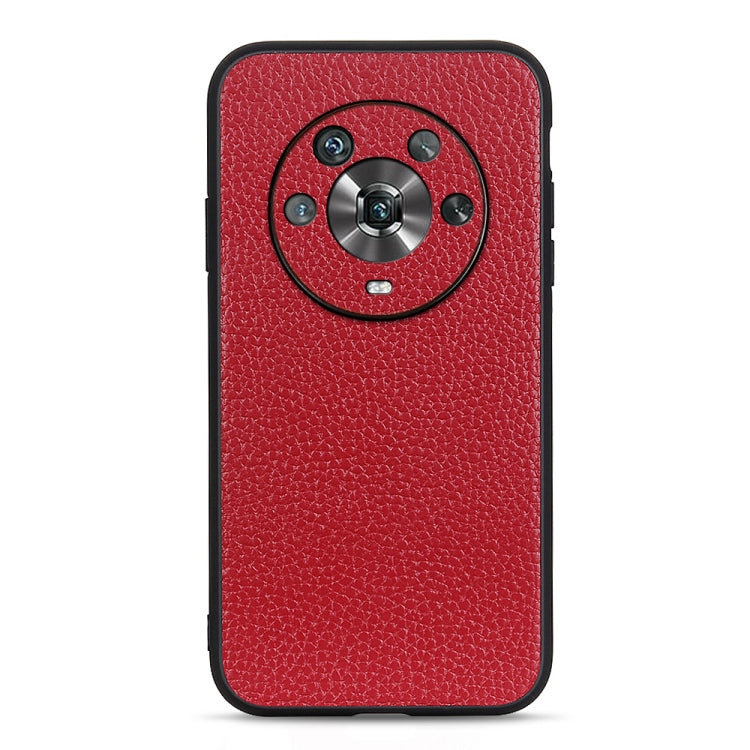 Red genuine leather phone case with litchi texture and circular camera cutout.