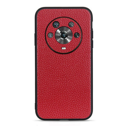 Red genuine leather phone case with litchi texture and circular camera cutout.