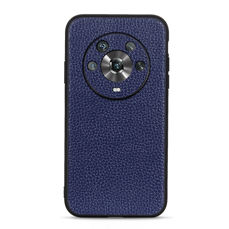 Blue genuine leather phone case with textured finish and circular camera cutout.