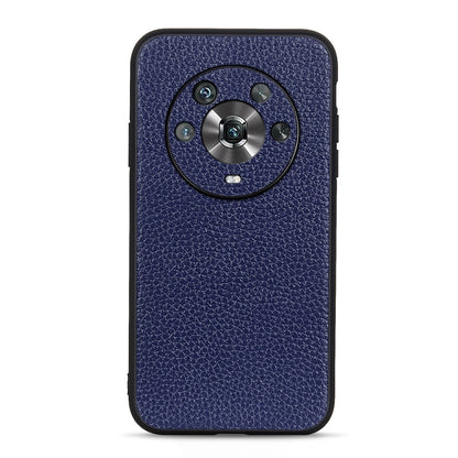 Blue genuine leather phone case with textured finish and circular camera cutout.