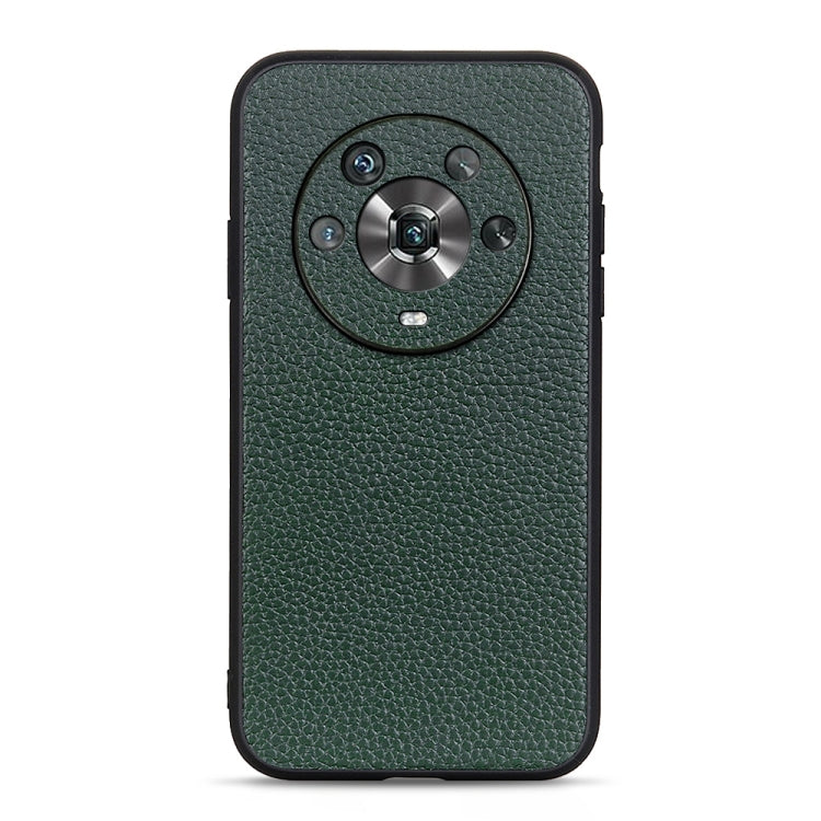 Green genuine leather phone case with textured finish and circular camera cutout.