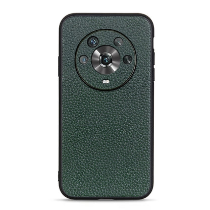 Green genuine leather phone case with textured finish and circular camera cutout.