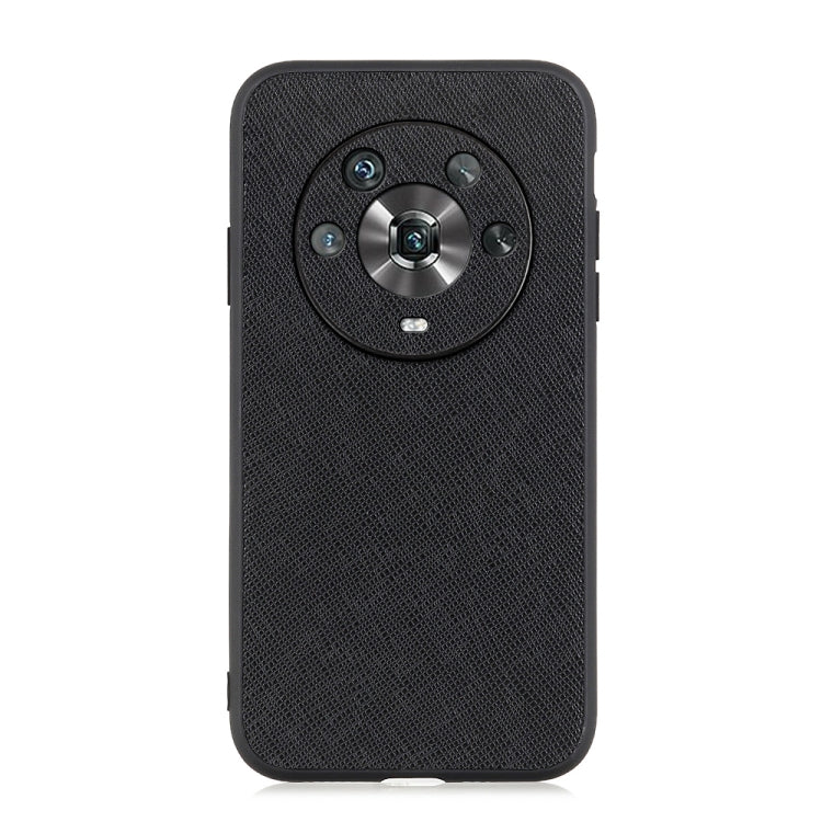 Black genuine leather phone case with textured surface and circular camera cover