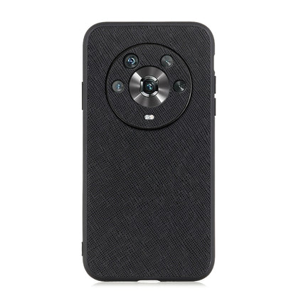 Black genuine leather phone case with textured surface and circular camera cover