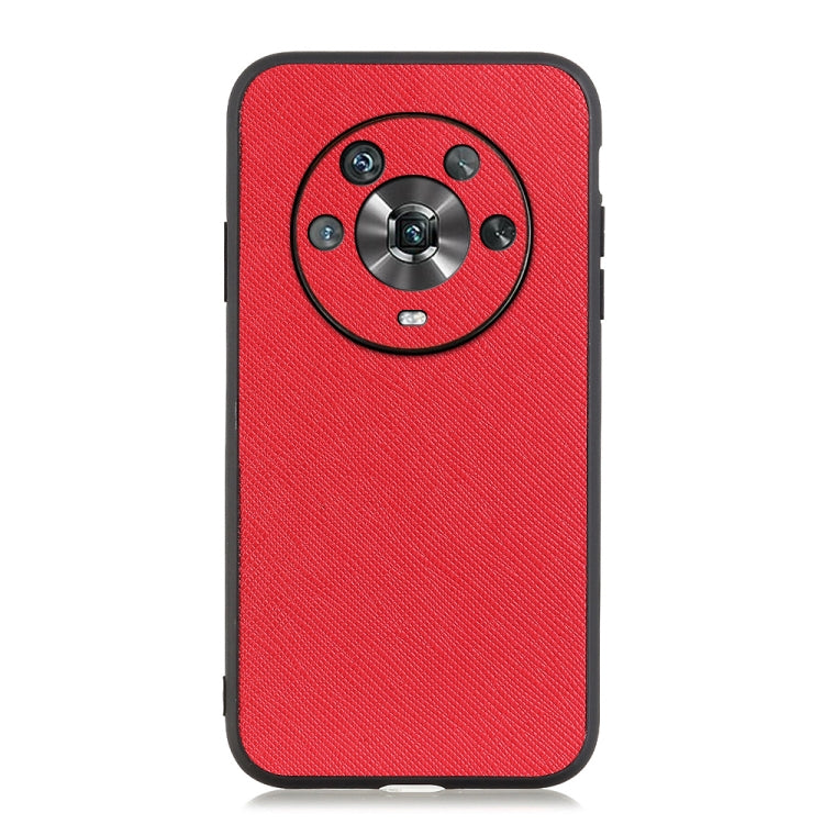 Red genuine leather phone case with textured surface and circular camera cover