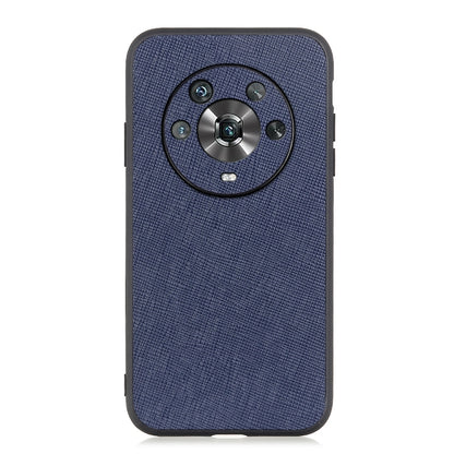 Blue genuine leather phone case with textured surface and circular camera cover