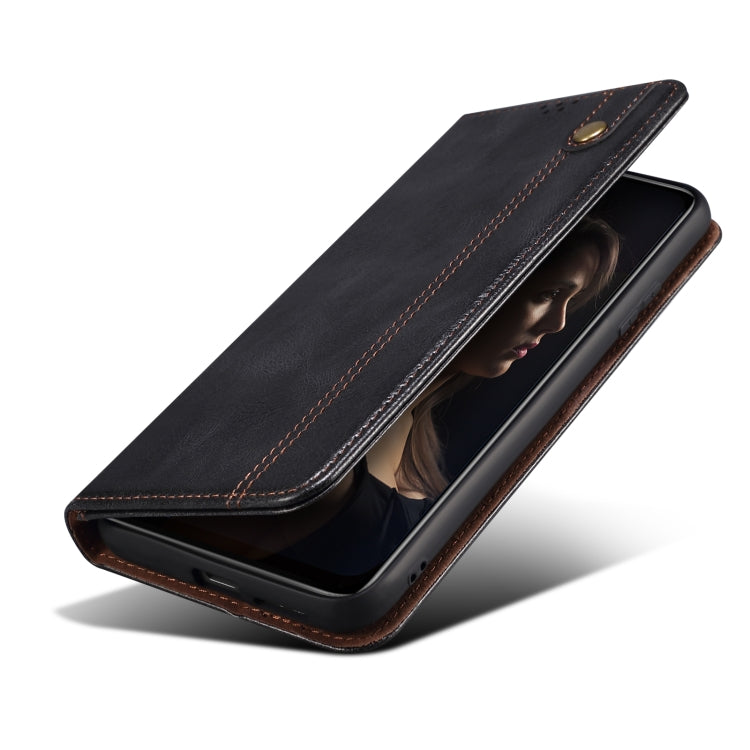 Black crazy horse leather flip phone case opened, showing screen cover and inner pocket