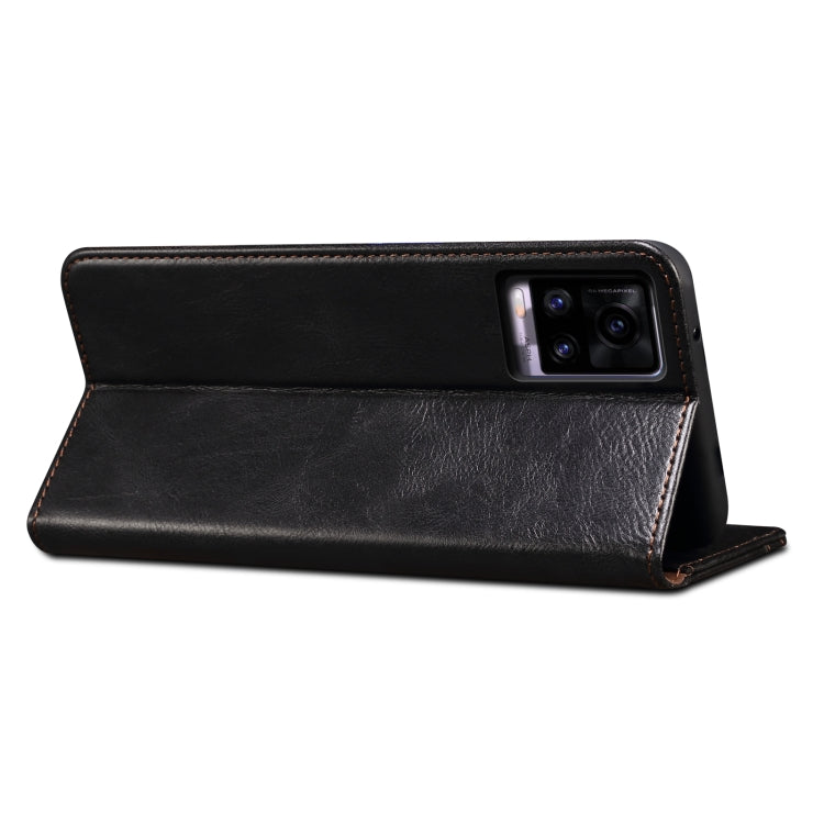 Black crazy horse leather flip phone case with stand and camera cutout