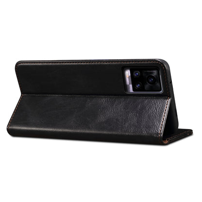 Black crazy horse leather flip phone case with stand and camera cutout
