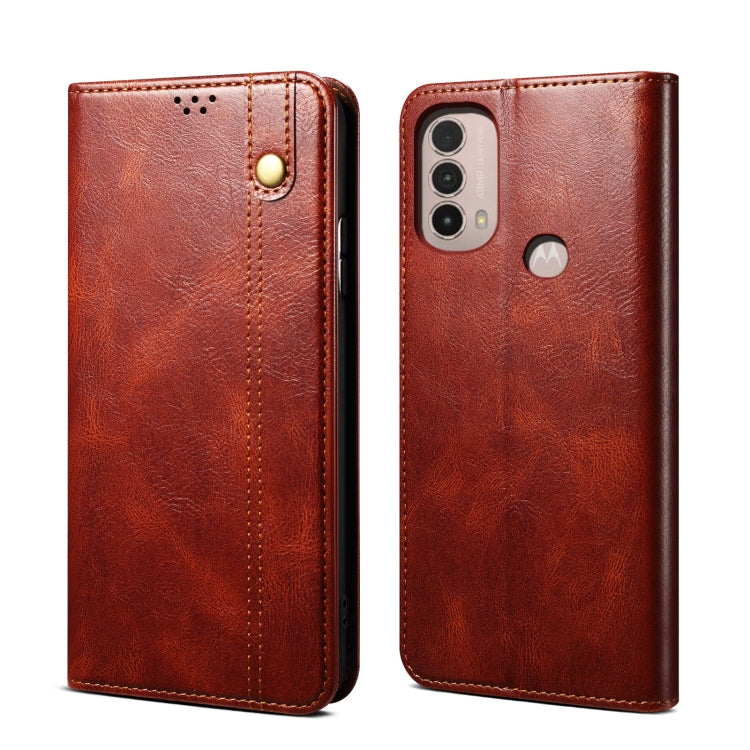 Brown crazy horse leather phone case with speaker holes and snap-button closure