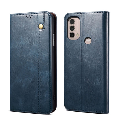 Blue crazy horse leather phone case with speaker holes and camera cutout on back