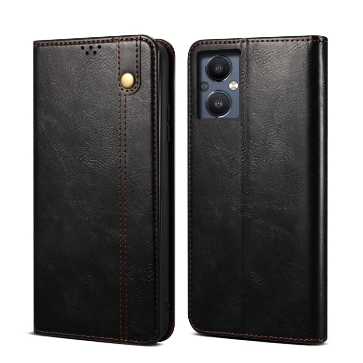 Black oil wax crazy horse texture leather phone case with camera cutout and button