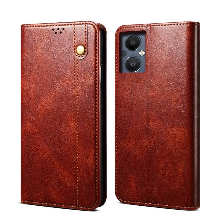 Brown oil wax crazy horse texture leather phone case with camera cutout and button