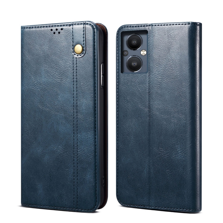 Blue oil wax crazy horse texture leather phone case with camera cutout and button