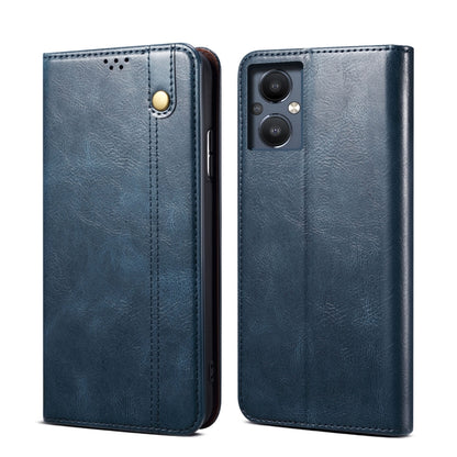 Blue oil wax crazy horse texture leather phone case with camera cutout and button