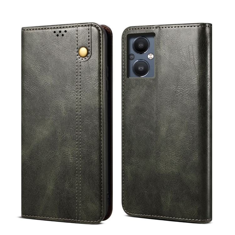 Dark olive oil wax crazy horse texture leather phone case with camera cutout and button