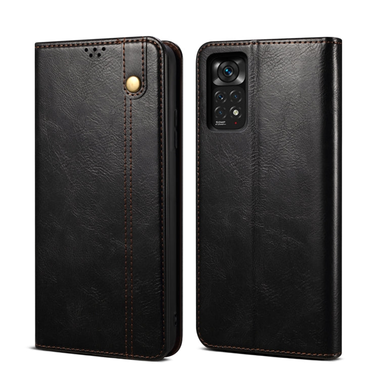 Black oil wax crazy horse texture leather phone case with dual camera cutout and button