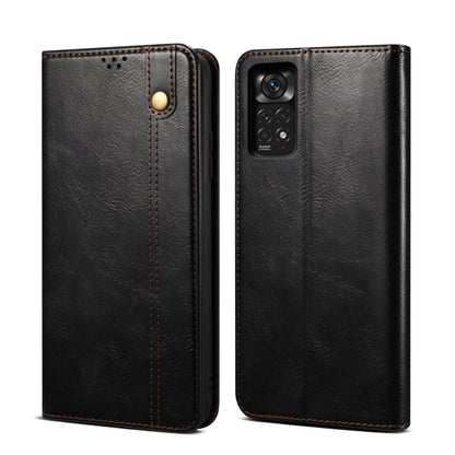 Black oil wax crazy horse texture leather phone case with dual camera cutout and button