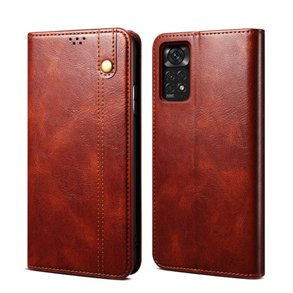 Brown oil wax crazy horse texture leather phone case with dual camera cutout and button
