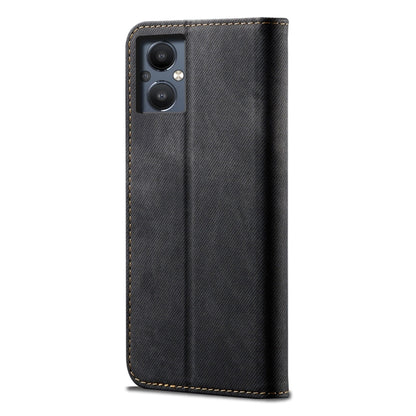 Black denim-texture flip leather phone case, back view with camera cutouts