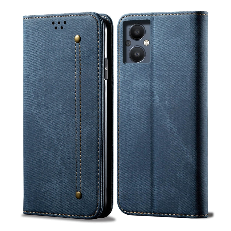 Blue denim texture flip leather phone case with card slot and magnetic closure
