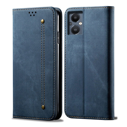 Blue denim texture flip leather phone case with card slot and magnetic closure