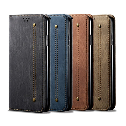 Denim-texture flip phone cases in black, blue, brown, and khaki with stitched borders