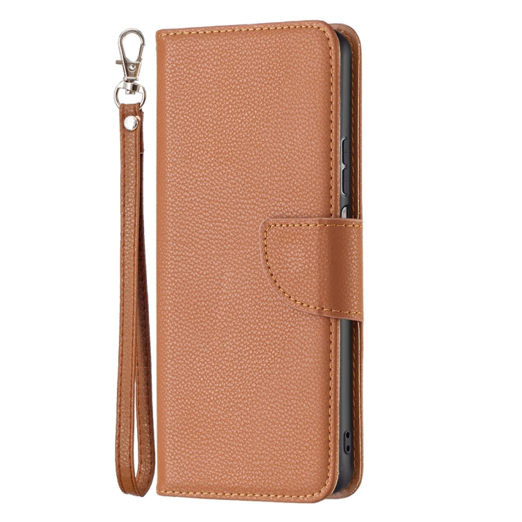 Brown textured leather horizontal flip phone case with front flap and wrist strap