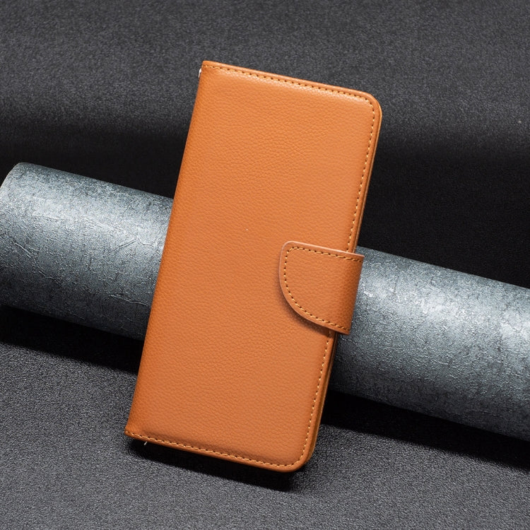 Tan textured leather horizontal flip phone case with front flap and stitched edge