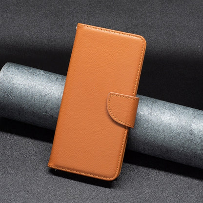 Tan textured leather horizontal flip phone case with front flap and stitched edge