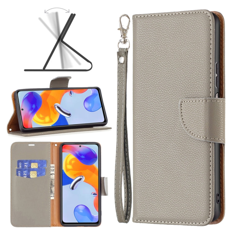 Grey textured leather horizontal flip phone case with front flap and wrist strap