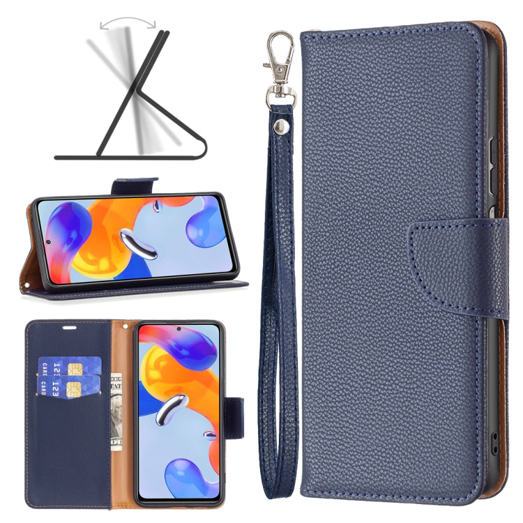 Dark blue litchi-texture flip leather phone case with card slot and magnetic cover.
