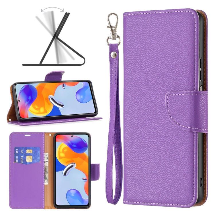 Purple litchi-texture flip leather phone case with card slot and magnetic cover.